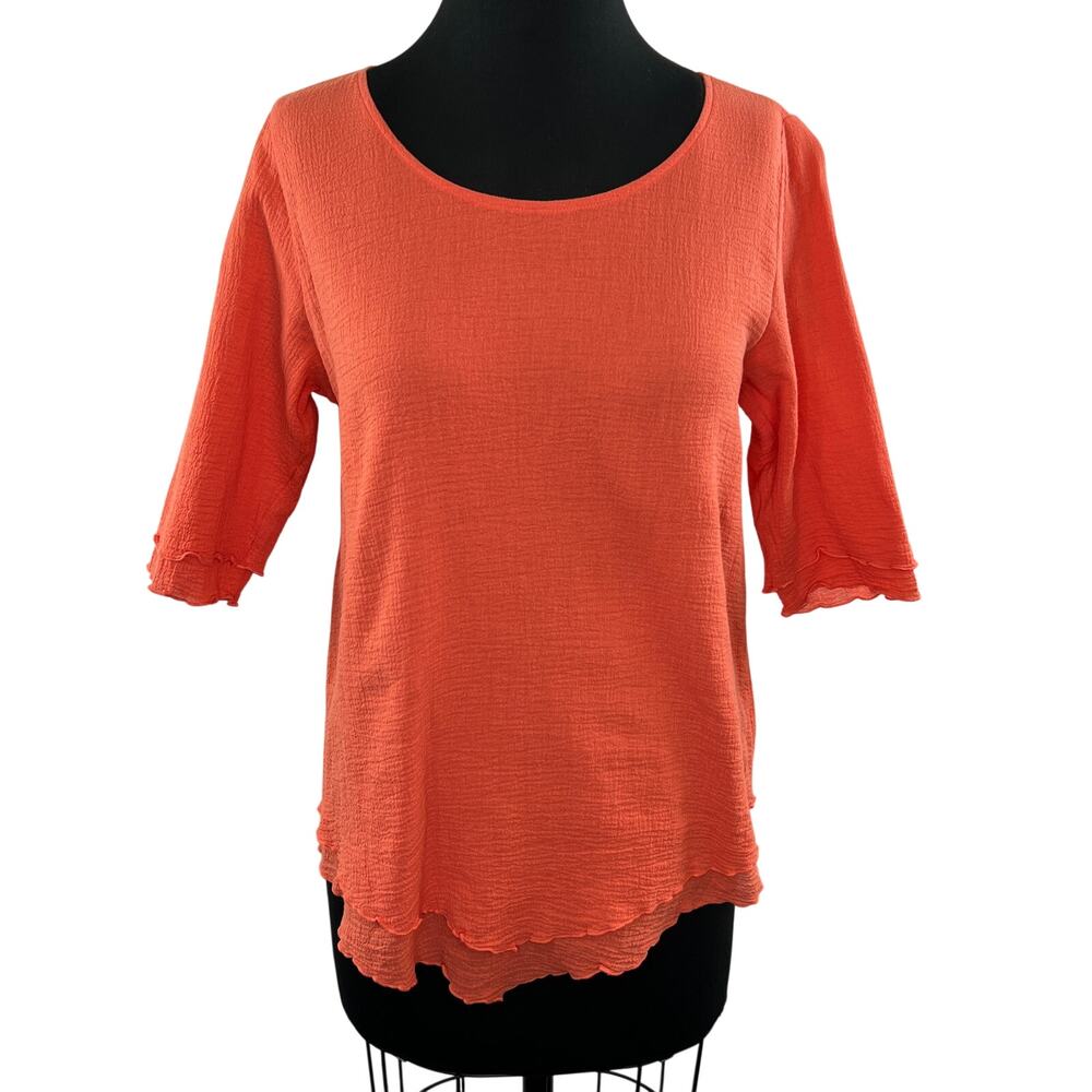 Soft Surrounding Orange Cotton Gauze Scoop Neck Half Sleeve Layered Hem Top SP